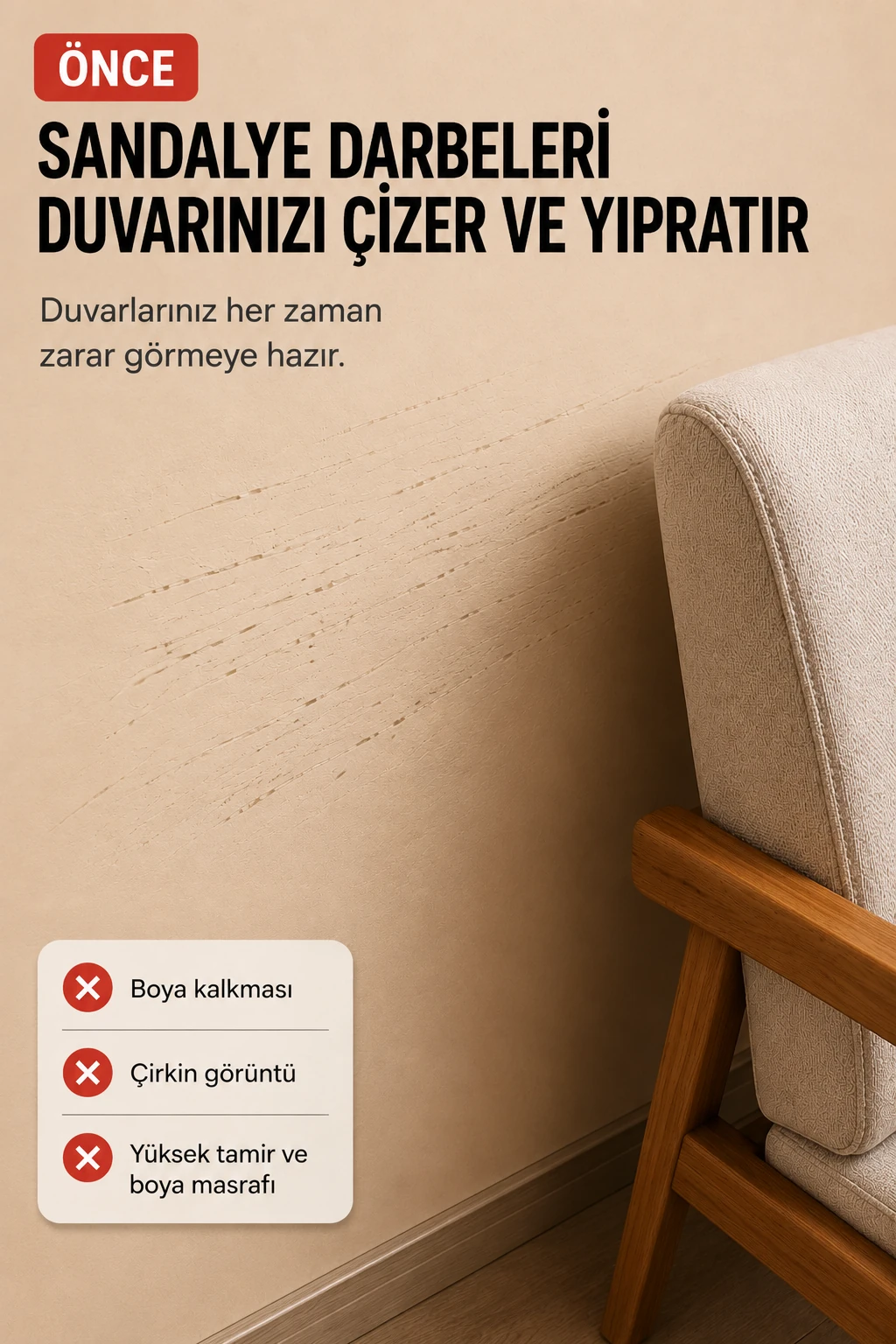 Sandalye darbelerinin duvarları çizip yıprattığı hasarlı duvar görseli
