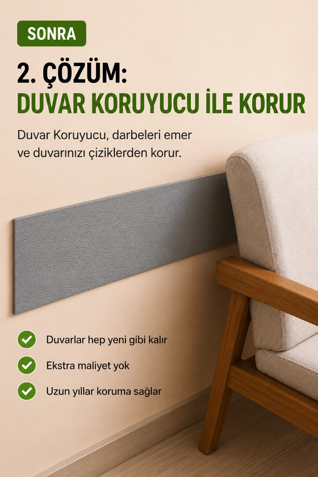 Duvar koruyucu ile sandalye darbelerine karşı korunan temiz duvar çözümü